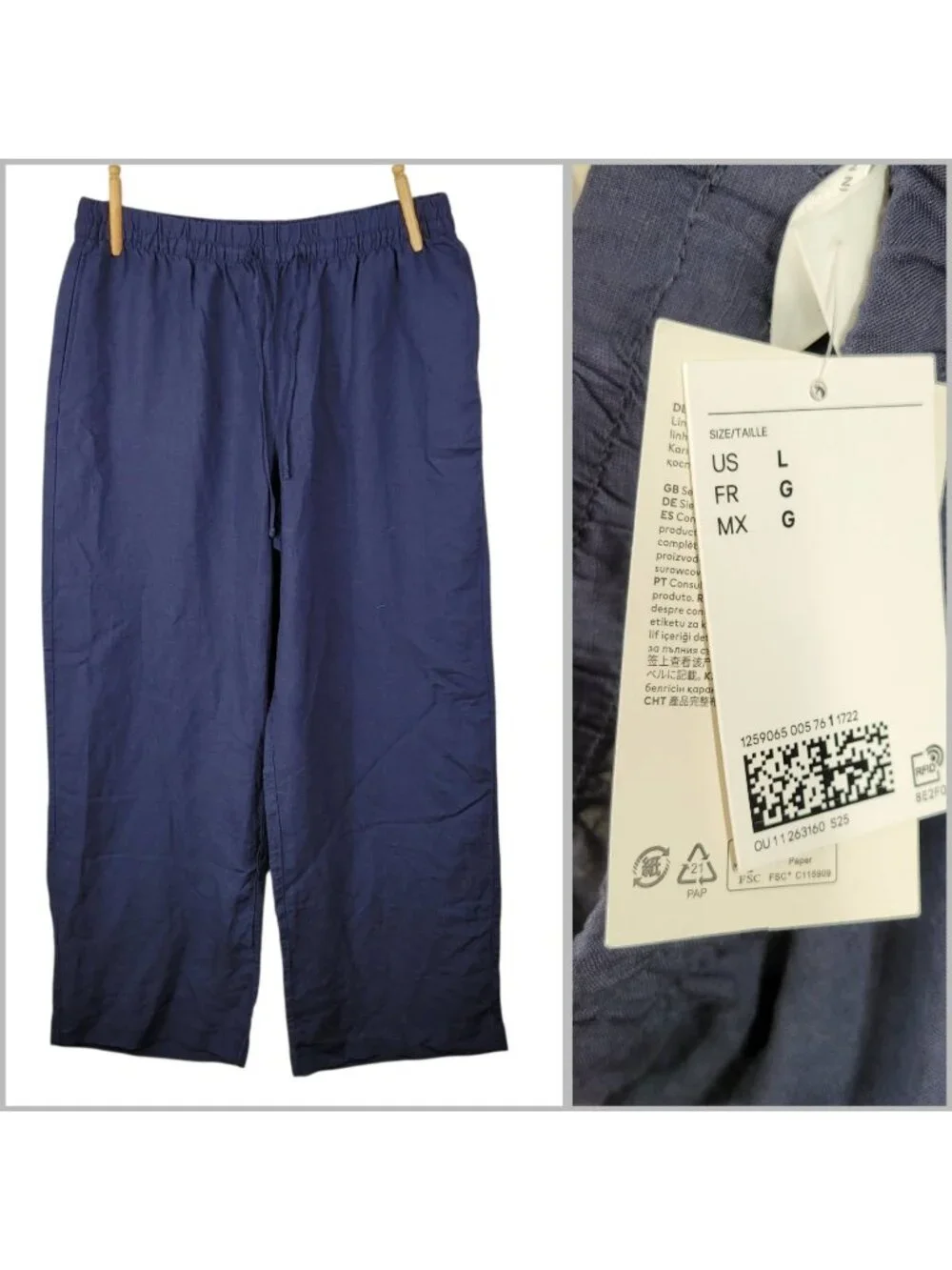 NEW H&M Blue Linen Wide-Leg Pants Large Drawstring Elastic Waist Navy Pull On